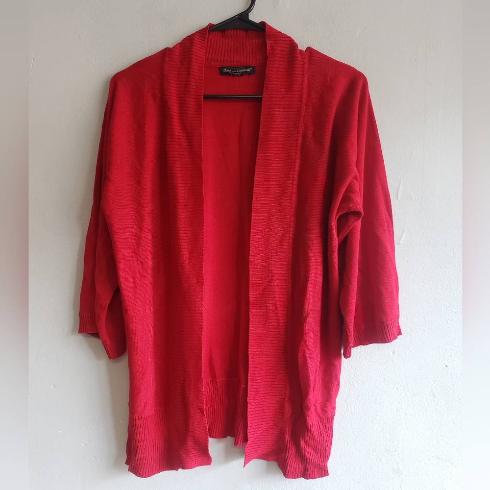 Women's large open front red acrylic long sleeve cardigan Design Originals